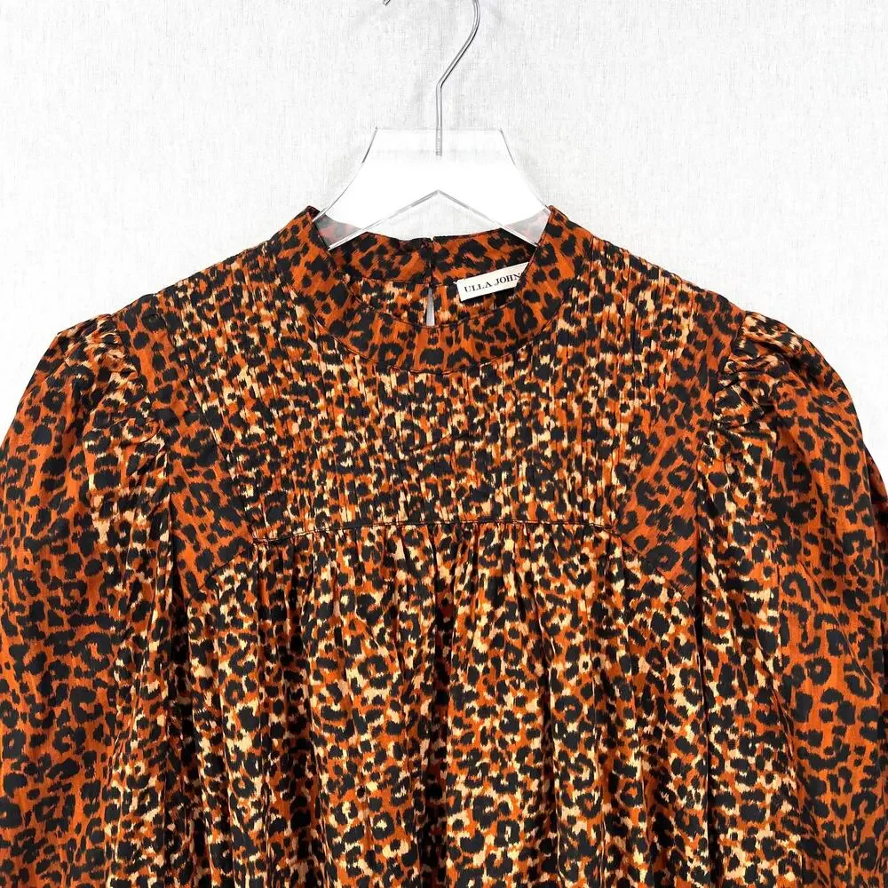 ULLA JOHNSON Vesna Blouse Womens 4 Brown Black Leopard Print Cotton Puff Sleeve